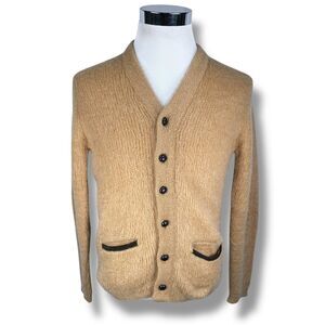 Vintage Revere Cardigan Kurt Cobain Mohair Sweater Mens Medium 60s Tan Elbow Pad